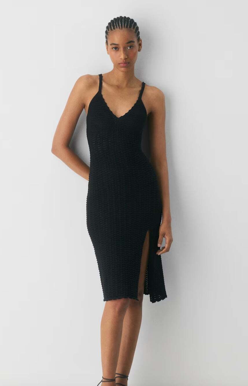 Aritzia Wilfred Evie Midi Dress in Black Size Small Crochet/Open Knit